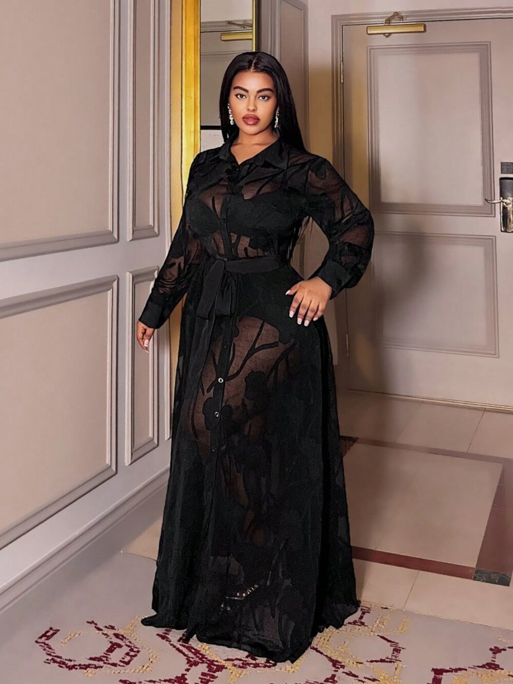 Black Elegant Women's Plus Size Long Sleeve Front Button Sheer maxi Dress - Picture 4 of 6